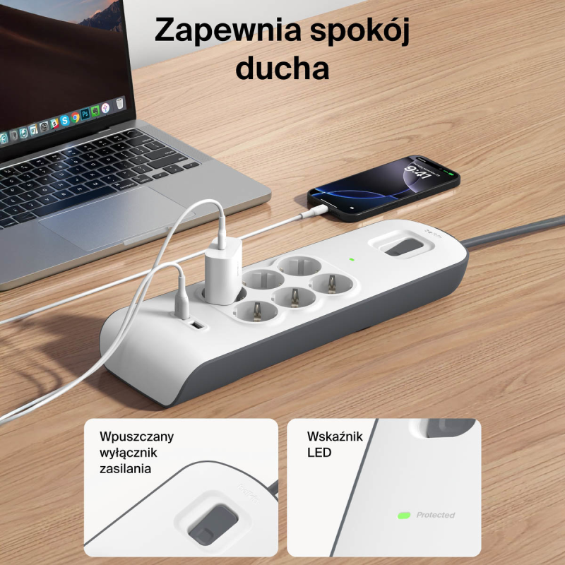 Belkin Listwa zasilająca przeciwprzepięciowa 650J, 6 gniazd Schuko, 2x USB-A, 2m