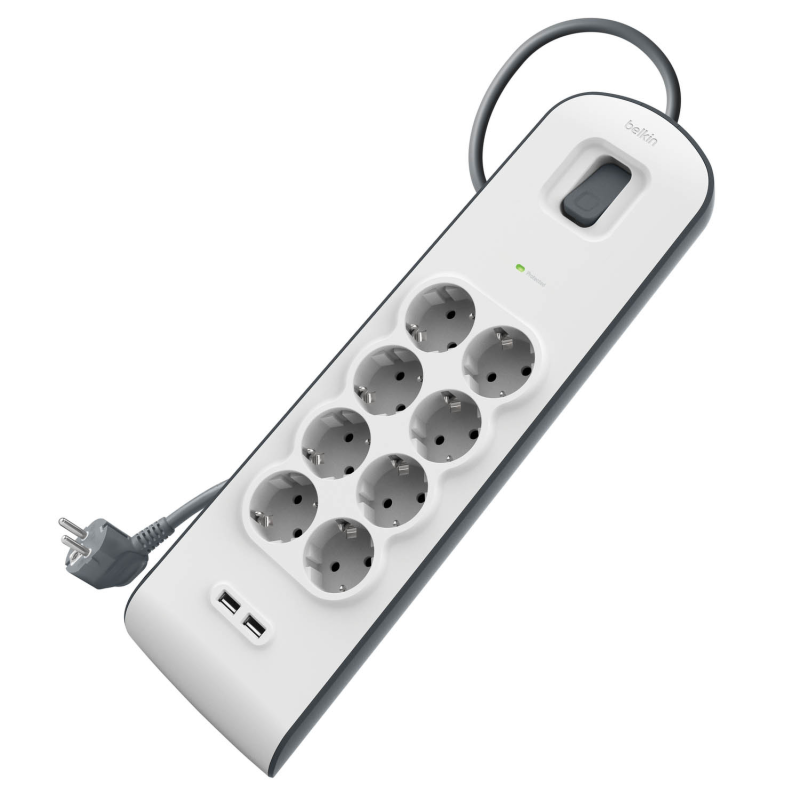 Belkin Listwa zasilająca przeciwprzepięciowa 900J, 8 gniazd Schuko, 2x USB-A, 2m