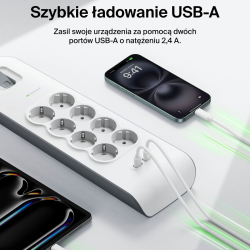 Belkin Listwa zasilająca przeciwprzepięciowa 900J, 8 gniazd Schuko, 2x USB-A, 2m