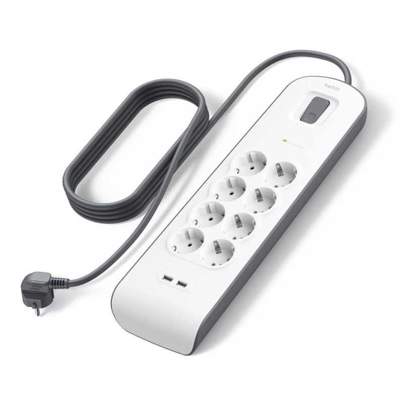 Belkin Listwa zasilająca przeciwprzepięciowa 900J, 8 gniazd Schuko, 2x USB-A, 2m