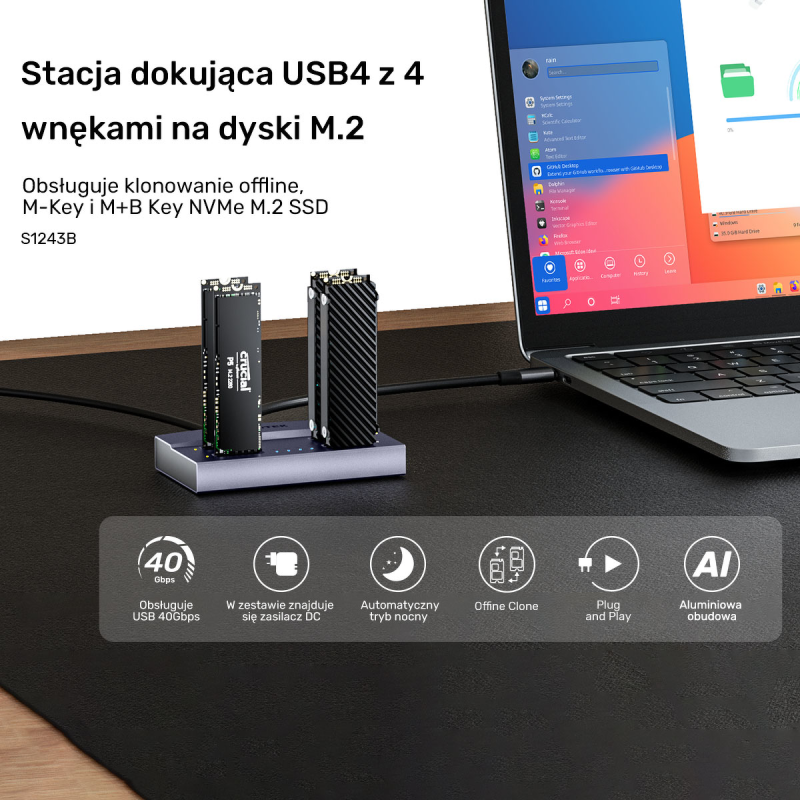 Unitek USB4 4-kieszeniowa stacja dokująca/ klonująca M.2 SSD