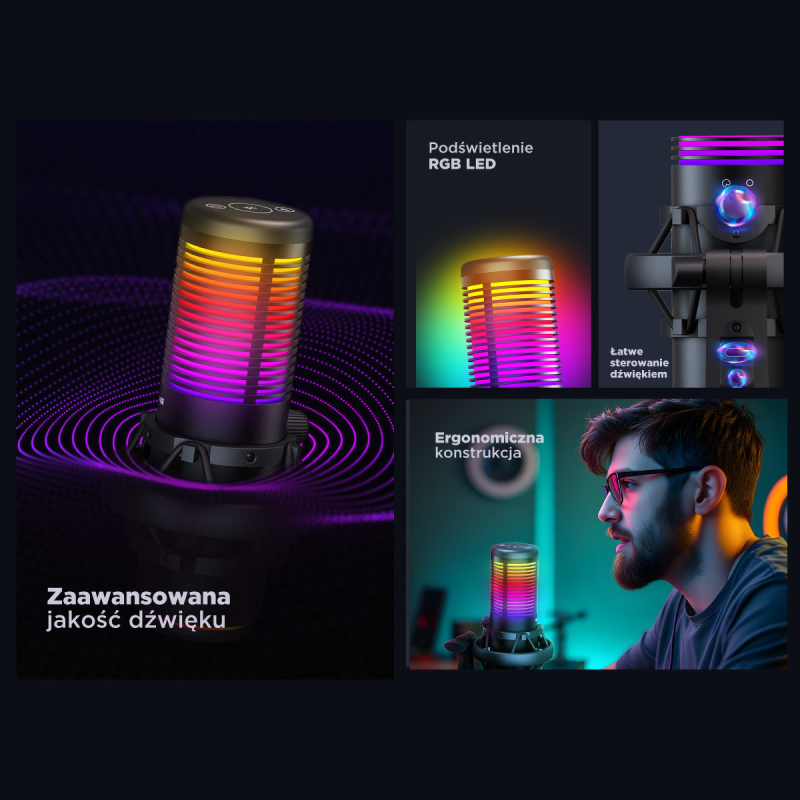 Rampage Bemol Mikrofon gamingowy/do podcastów RGB USB-C czarny