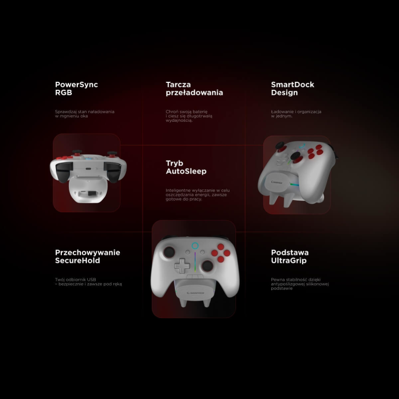 Rampage Hydra Pro Pad bezprzewodowy RGB 2.4G Hall, spusty analogowe, stacja ładowania