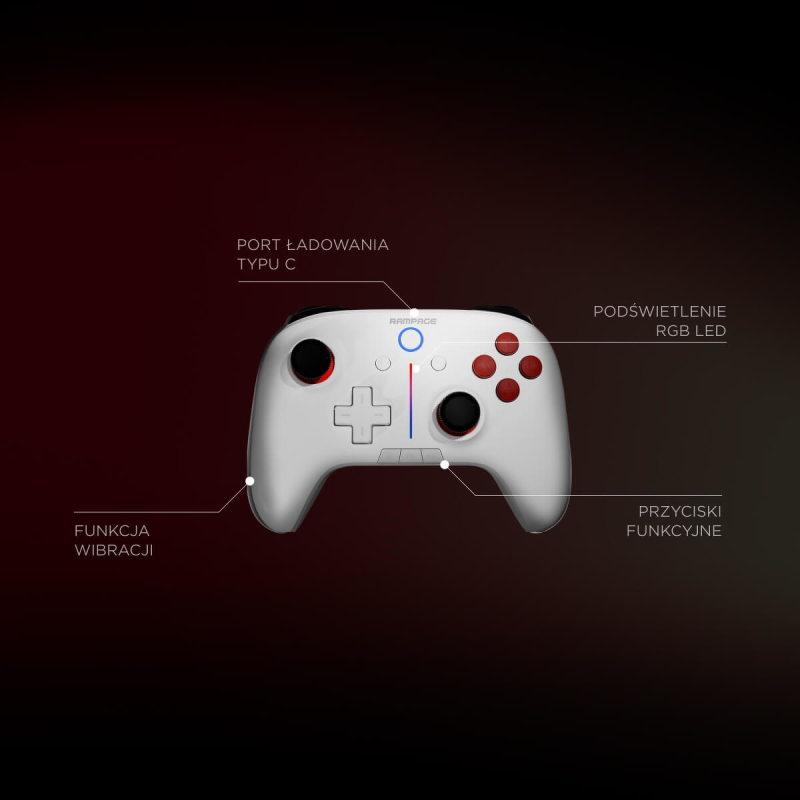 Rampage Hydra Pro Pad bezprzewodowy RGB 2.4G Hall, spusty analogowe, stacja ładowania