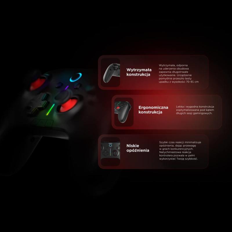Rampage Hydra Pro Pad bezprzewodowy RGB 2.4G Hall, spusty analogowe, stacja ładowania