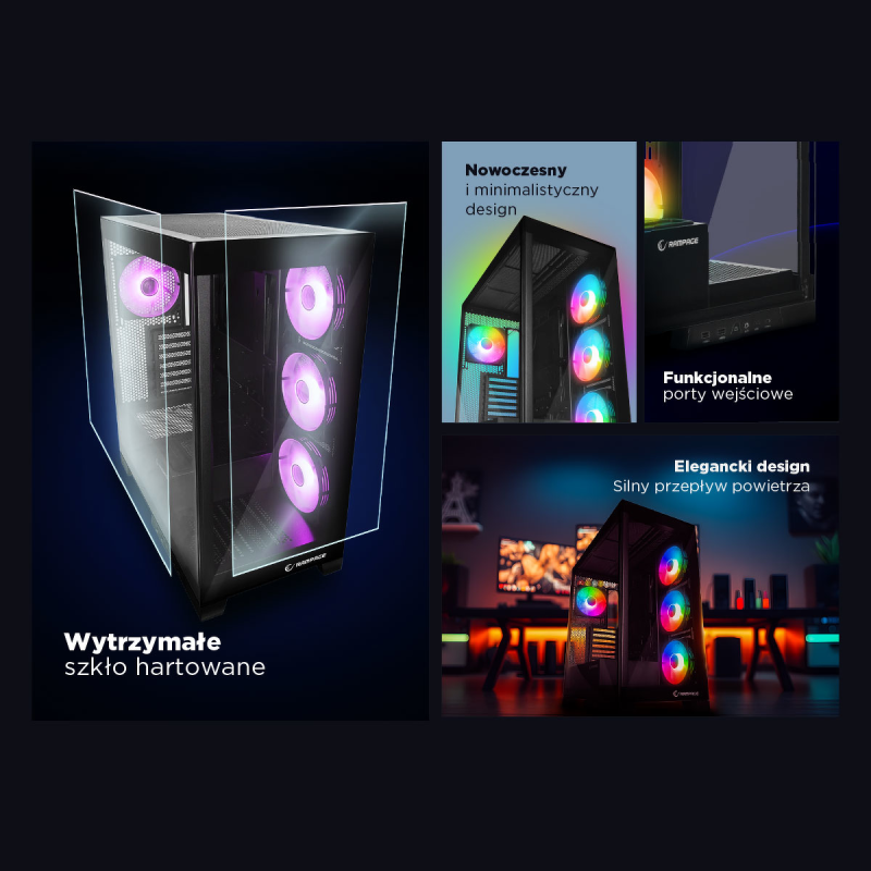 Rampage Hydra V2 Obudowa PC akwarium 4x wentylator ARGB czarna