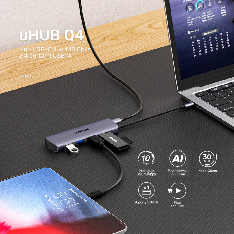 Unitek Hub 4w1 USB-C 10 Gbps, 4x USB-A H1112EGY01