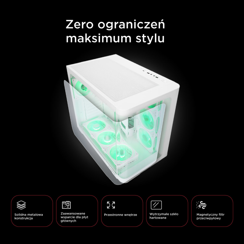 Rampage Loopy Obudowa PC akwarium 7x wentylator ARGB Infinity HUB biała