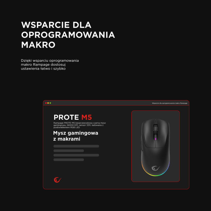 Rampage Prote M5 mysz bezprzewodowa 24000 DPI RGB LED 1K Hz czarna