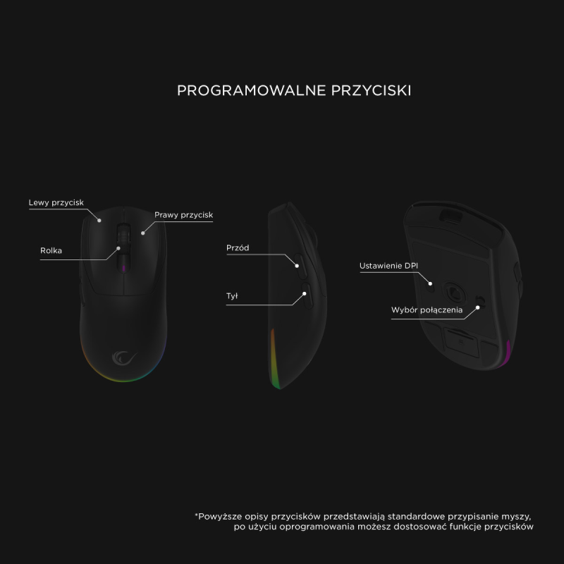 Rampage Prote M5 mysz bezprzewodowa 24000 DPI RGB LED 1K Hz czarna