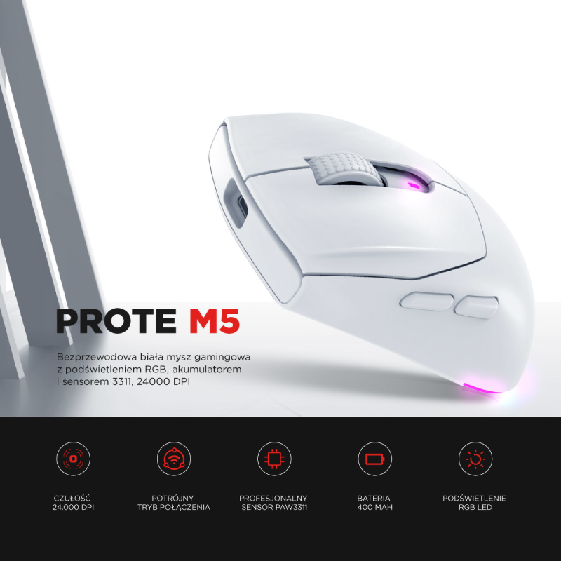 Rampage Prote M5 mysz bezprzewodowa 24000 DPI RGB LED 1K Hz biała