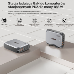 Unitek Szybka ładowarka sieciowa 2xUSB-A 3xUSB-C GAN 188W