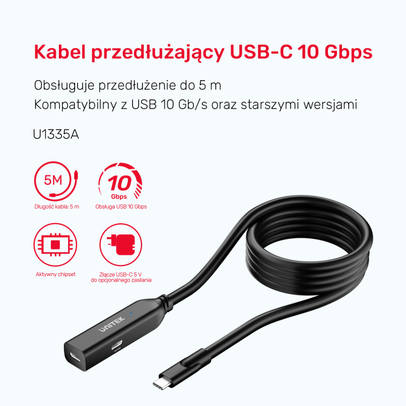 Unitek Kabel przedłużający USB-C 10 Gbps 5m, czarny