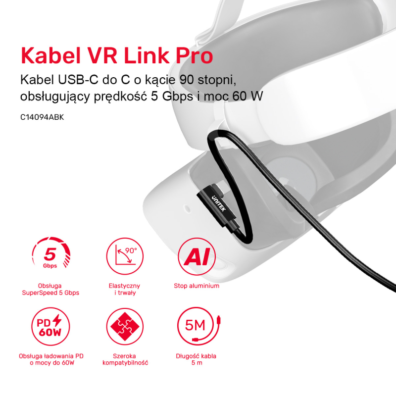 Unitek Kabel VR Link Pro USB-C do C obsługuje 5Gps i 60W
