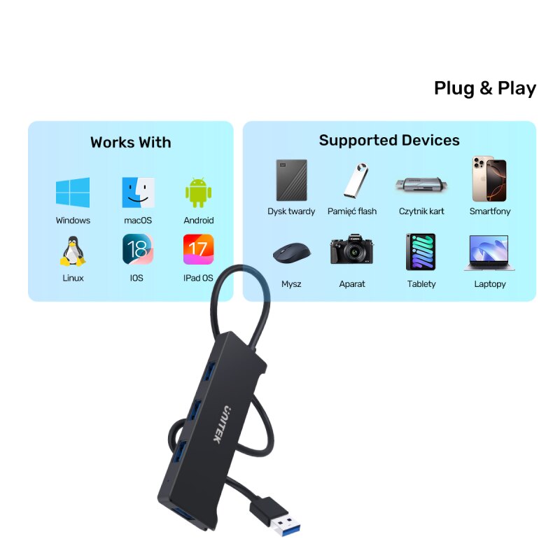 Unitek Hub USB-A 4 porty USB-A 5 Gbps | PartsPC.pl