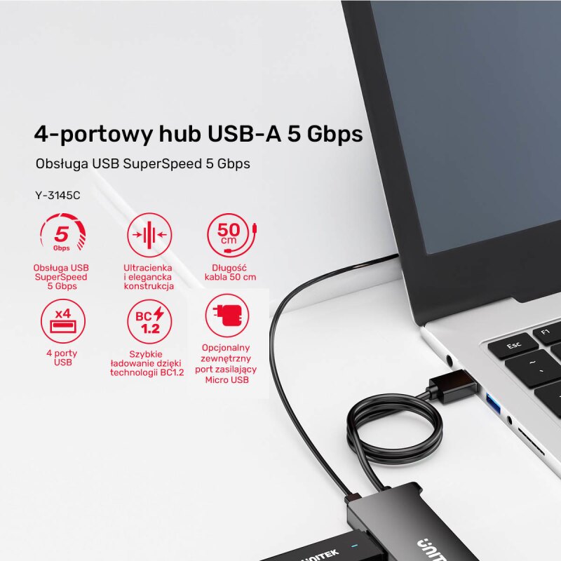 Unitek Hub USB-A 4 porty USB-A 5 Gbps | PartsPC.pl