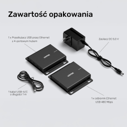 Unitek Przedłużacz USB-C na 4× USB-A przez Ethernet, zasięg do 150 m 480Mbps