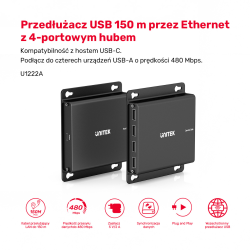 Unitek Przedłużacz USB-C na 4× USB-A przez Ethernet, zasięg do 150 m 480Mbps