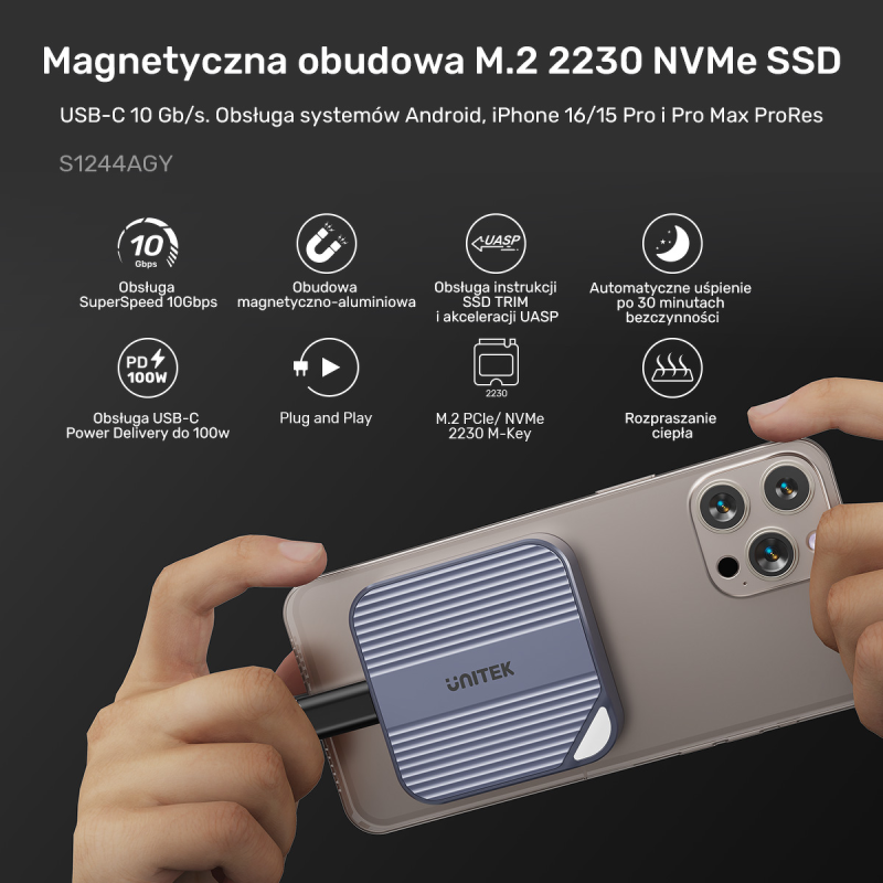 Unitek Obudowa magnetyczna SolidForce Reefer USB-C do M.2 SSD (NVMe/SATA)