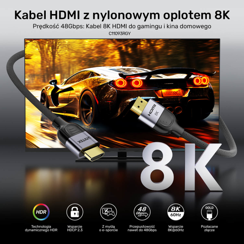 Unitek przewód 8K LUX HDMI 2.1 oplot 8 M