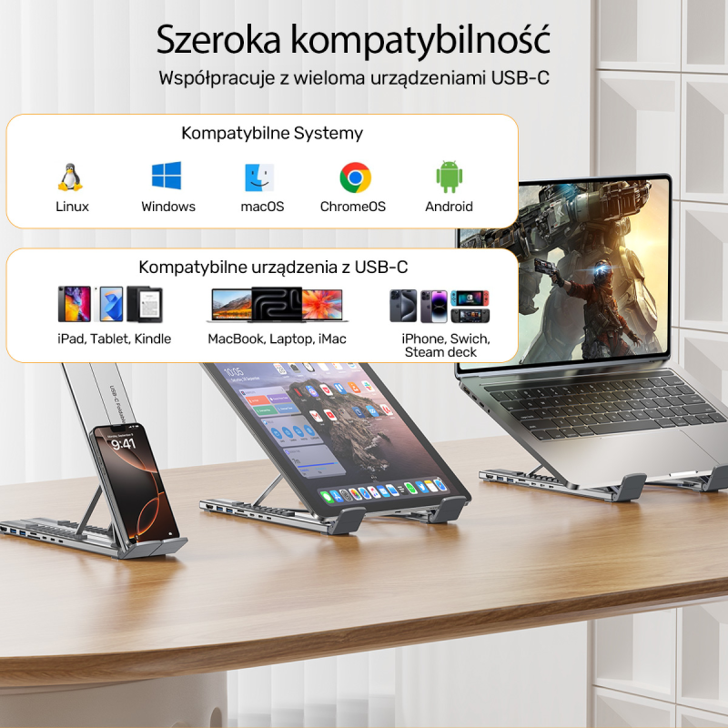 Unitek Podstawka regulowana pod laptop z hubem/HDMI/PD/SD