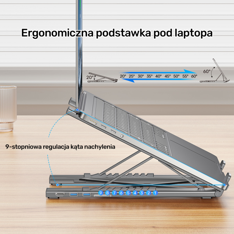 Unitek Podstawka regulowana pod laptop z hubem/HDMI/PD/SD