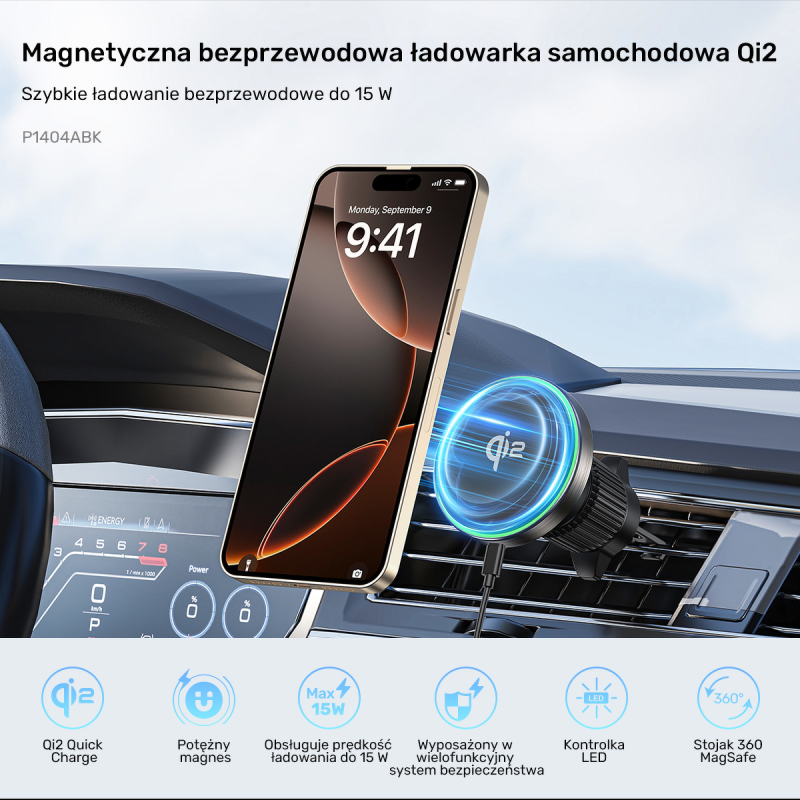 Uchwyt samochodowy Unitek Qi2