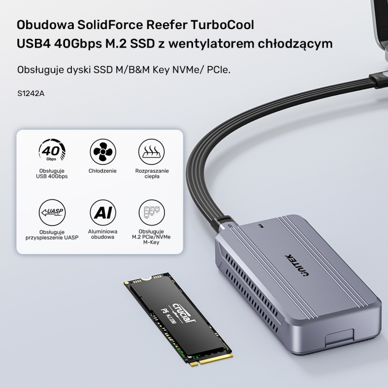 Unitek Aktywnie chłodzona obudowa M2 NvMe SSD USB4 40Gbps