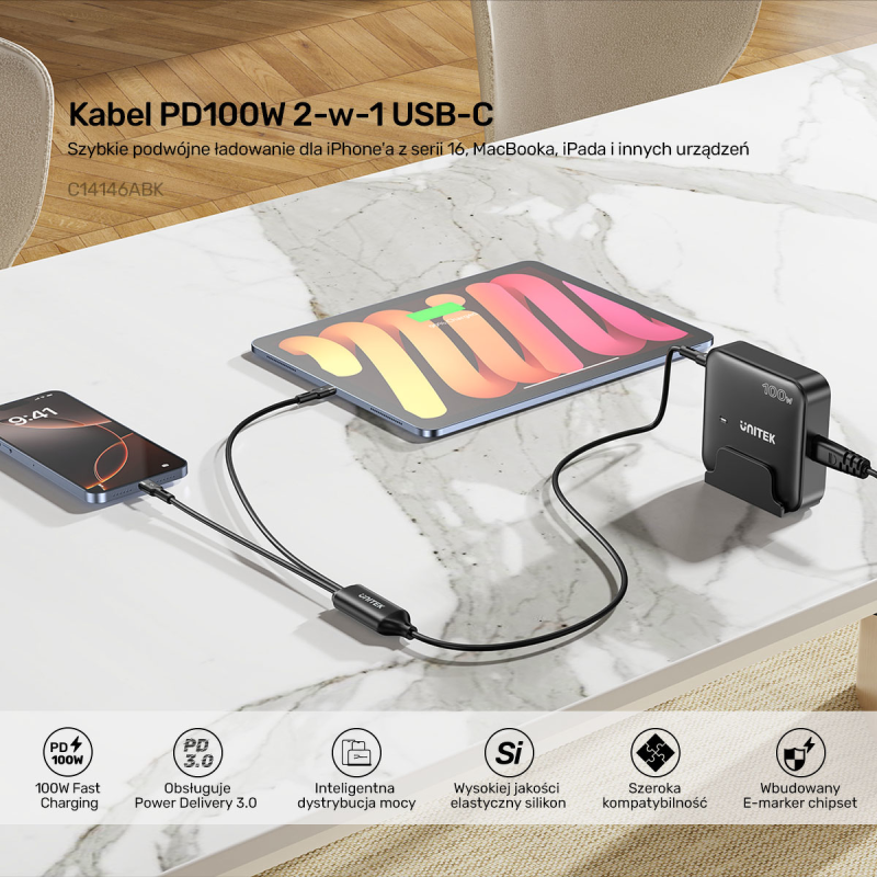 Unitek Kabel 2w1 USB-C PD 100W silikonowy 1,8 m