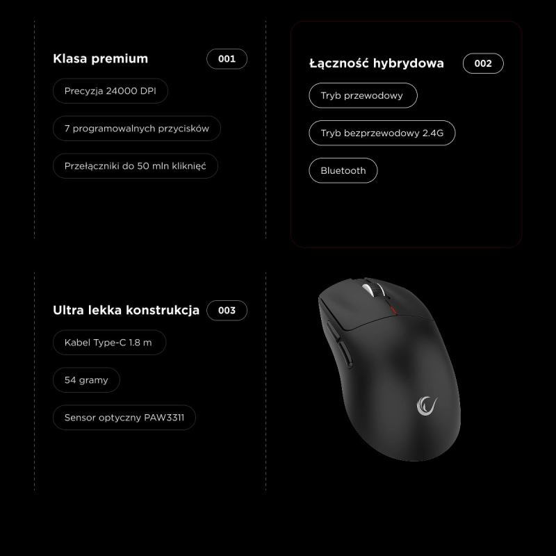 Rampage Mysz bezprzewodowa Clax PAW3311 1k Hz 24 000 DPI BT 5.1 czarna