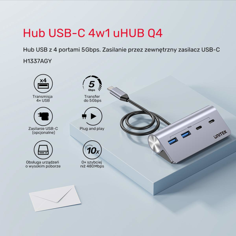 Unitek Hub alumininiowy USB-A/USB-C z 4 portami 5Gbps