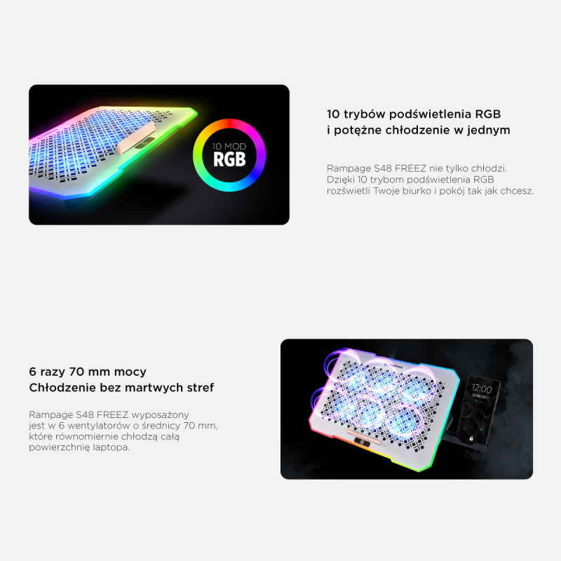 Rampage FREEZ Podstawka chłodząca pod laptop 9-17'' RGB 6 wentylatorów, srebrna
