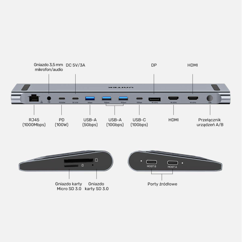Unitek Stacja dokująca KVM z funkcją podstawki, potrójne wyjście 4K, USB-C, MST, HDMI 2.0
