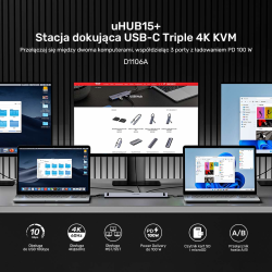 Unitek Stacja dokująca KVM z funkcją podstawki, potrójne wyjście 4K, USB-C, MST, HDMI 2.0