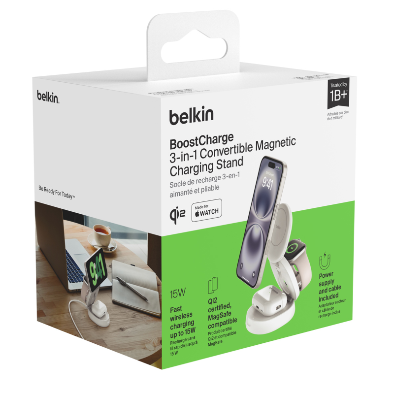 Belkin Ładowarka magnetyczna 3w1, składana, Qi2 15W, zasilacz 36W, biała