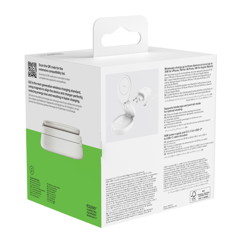 Belkin Ładowarka magnetyczna 3w1, składana, Qi2 15W, zasilacz 36W, biała