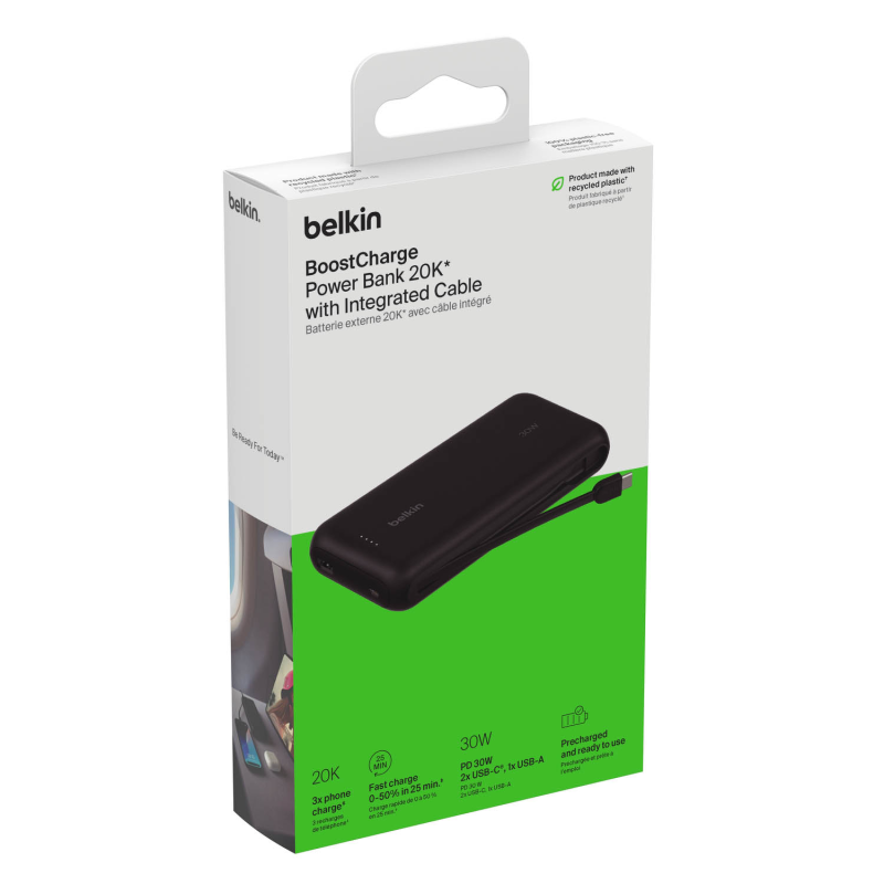 Belkin Powerbank 20 000 mAh, 30W, wbudowany kabel USB-C, USB-C, USB-A, czarny