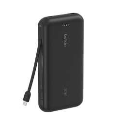 Belkin Powerbank 20 000 mAh, 30W, wbudowany kabel USB-C, USB-C, USB-A, czarny