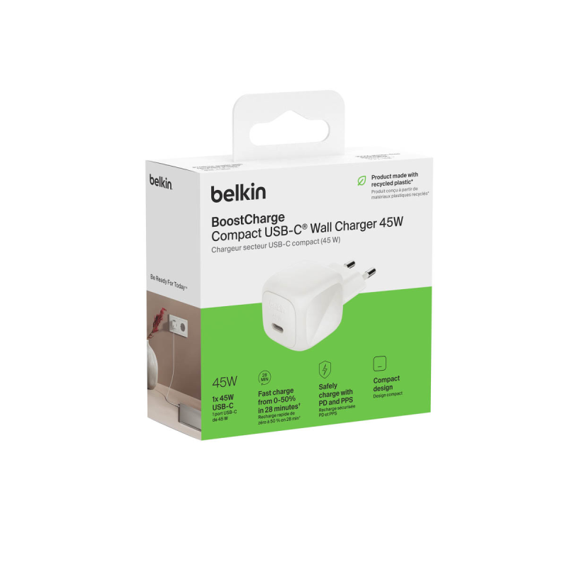 Belkin Ładowarka USB-C 45W, PD 3.1, BoostCharge, kompaktowa, biała