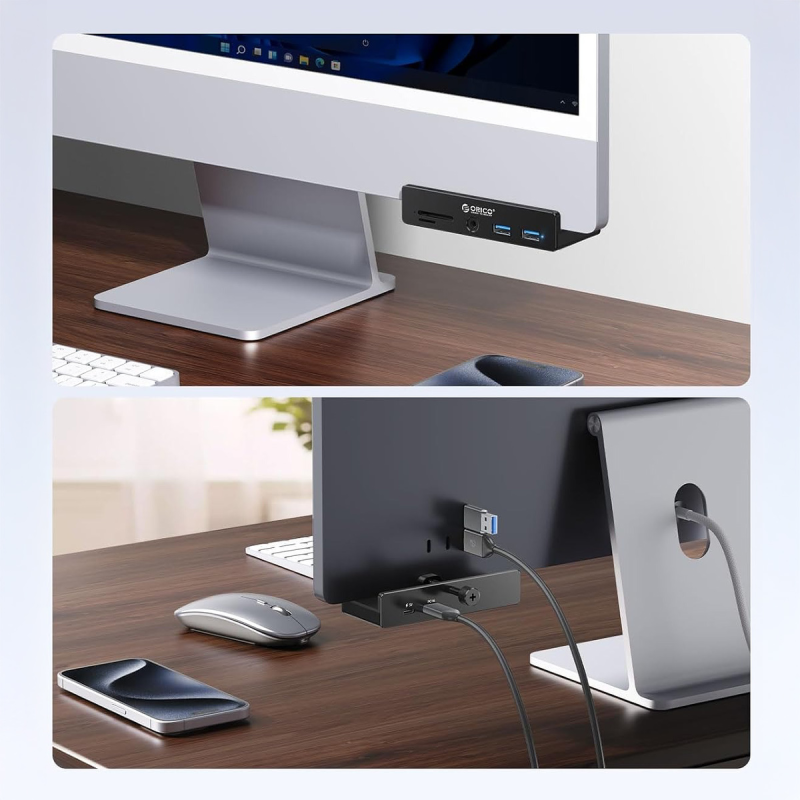 Orico Hub USB-C 5Gbps aktywny, przykręcany, 2x USB-A, czytnik SD, minijack 3,5 mm, czarny