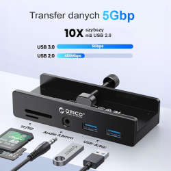 Orico Hub USB-C 5Gbps aktywny, przykręcany, 2x USB-A, czytnik SD, minijack 3,5 mm, czarny