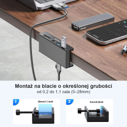 Orico Hub USB-C 5Gbps aktywny, przykręcany, 2x USB-A, czytnik SD, minijack 3,5 mm, czarny