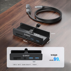 Orico Hub USB-C 5Gbps aktywny, przykręcany, 2x USB-A, czytnik SD, minijack 3,5 mm, czarny