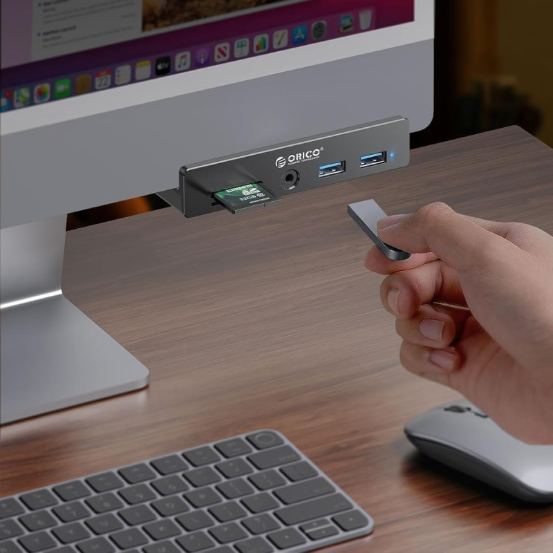 Orico Hub USB-C 5Gbps aktywny, przykręcany, 2x USB-A, czytnik SD, minijack 3,5 mm, czarny