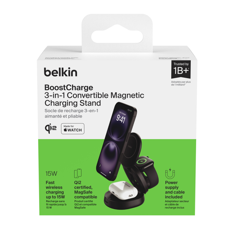 Belkin Ładowarka magnetyczna 3w1, składana, Qi2 15W, zasilacz 36W, czarna