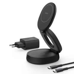 Belkin Ładowarka magnetyczna 2w1, składana, Qi2 15W, zasilacz 30W, czarna