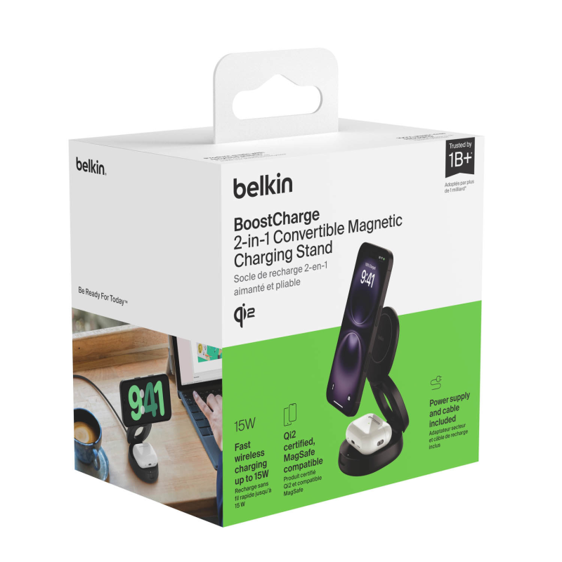Belkin Ładowarka magnetyczna 2w1, składana, Qi2 15W, zasilacz 30W, czarna