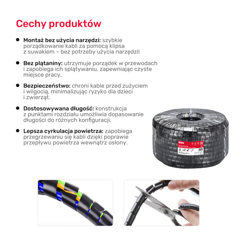 Unitek spiralny organizer na kable, 10 metrów, 22 mm średnicy, czarny