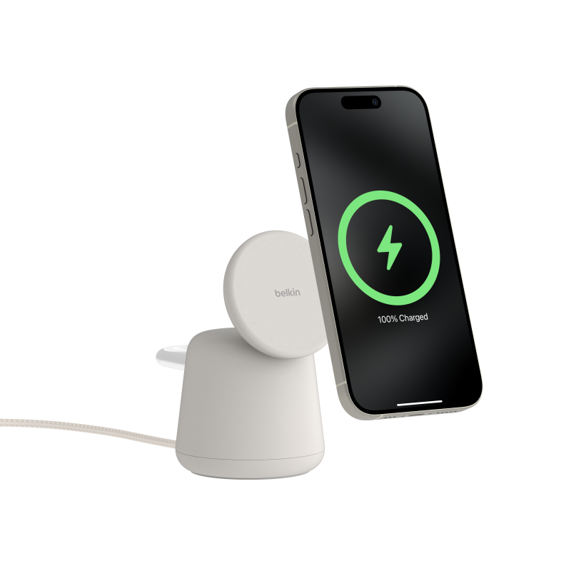 Belkin Ładowarka 2w1, magnetyczna Qi2 15W, do iPhone, AppleWatch, AirPods, kremowa