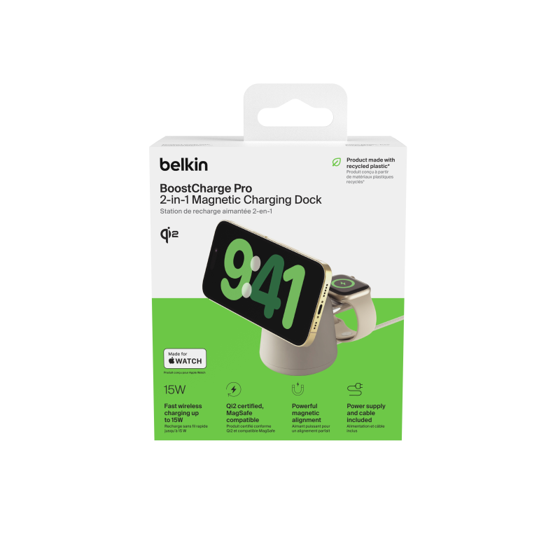 Belkin Ładowarka 2w1, magnetyczna Qi2 15W, do iPhone, AppleWatch, AirPods, kremowa